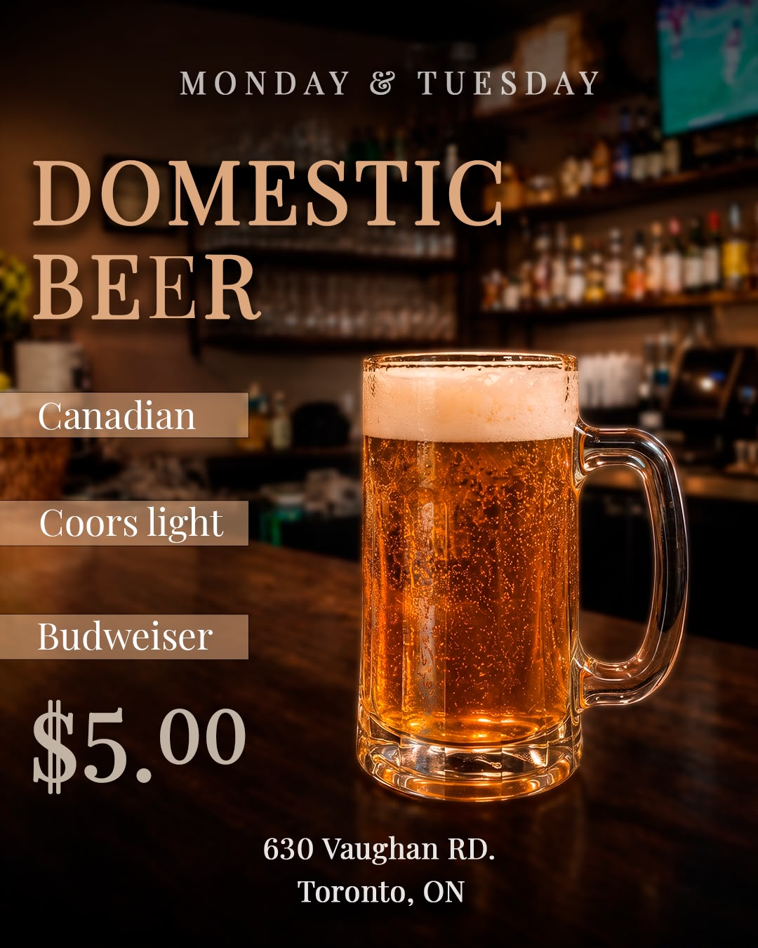 Five dollar domestic beer on Mondays and Tuesdays at Roots Bar