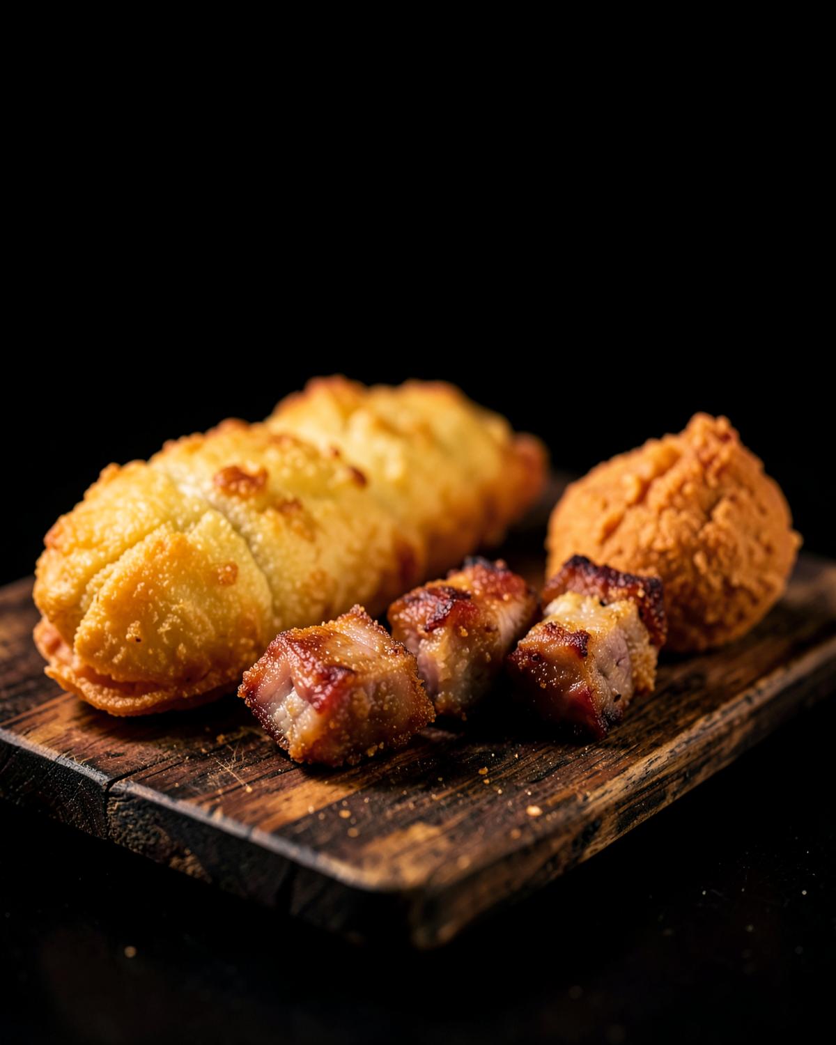 Brazilian salgados and crispy pork belly served on a wooden board