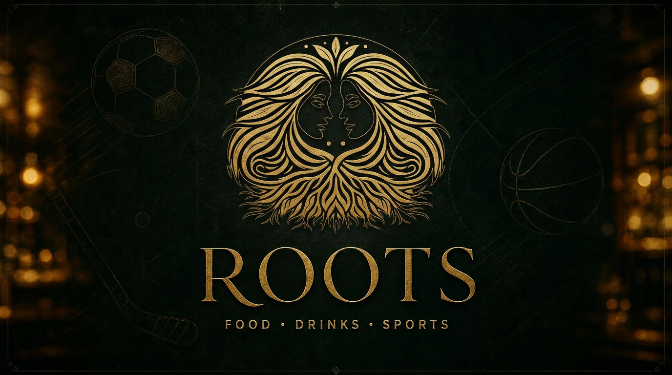 Roots Bar emblem in antique gold with the words food, drinks and sports